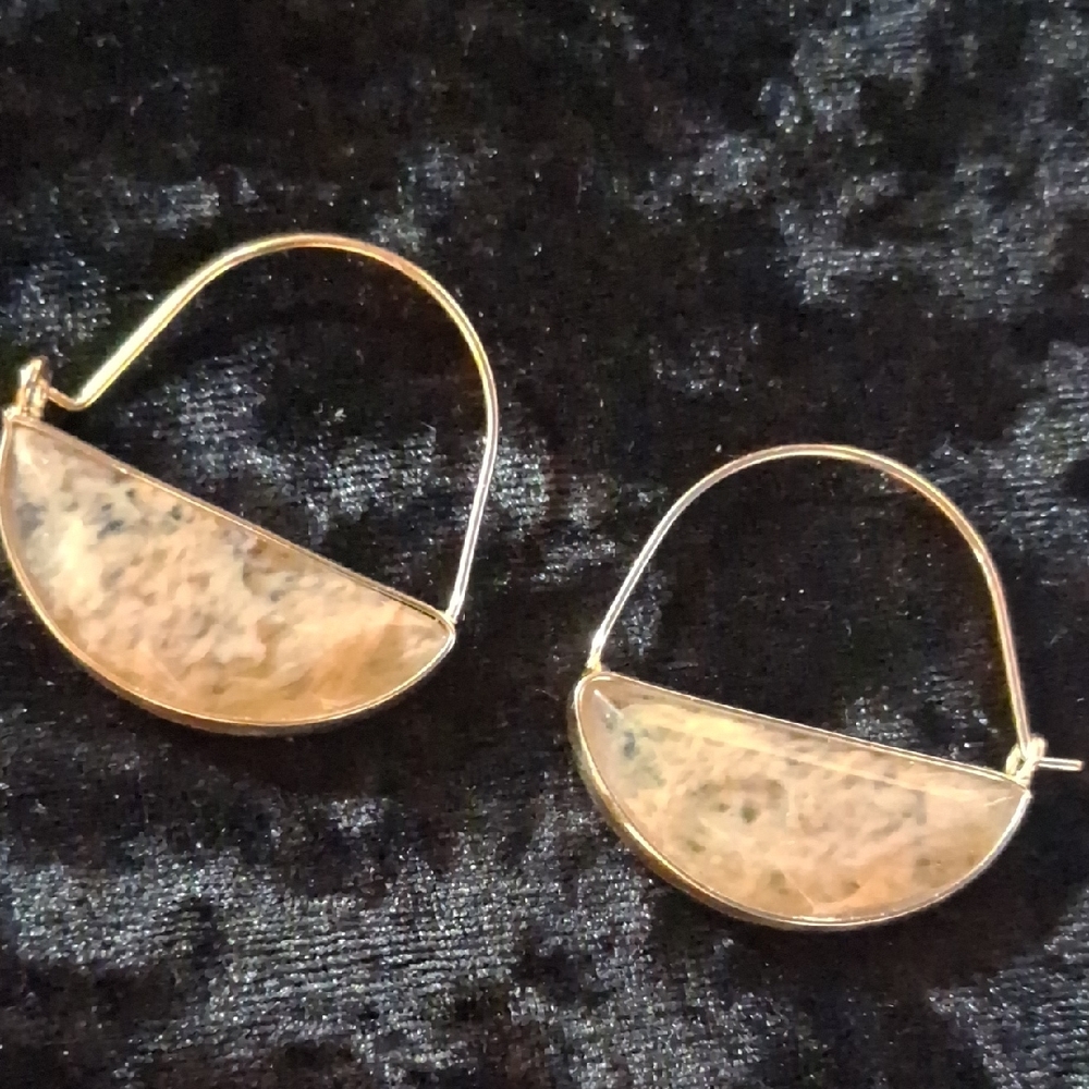 Anthropologie Gold and Cream Half-Moon Natural Stone Earrings.